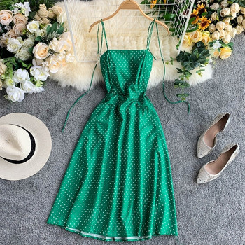 Rochie de dama cu buline si bretele subtiri de culoare verde