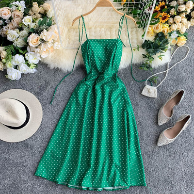 Rochie de dama cu buline si bretele subtiri de culoare verde