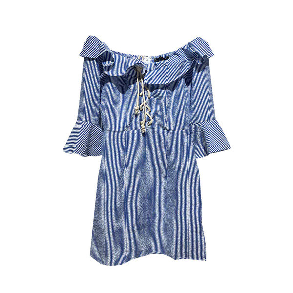 Rochie de damă în dungi cu umerii goi și mâneci lotus 3/4