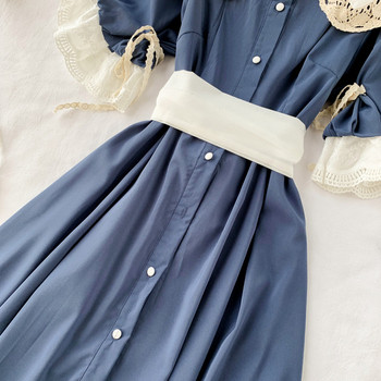 Rochie de dama lunga cu dantela pe maneci de culoare albastra