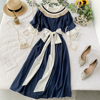 Rochie de dama lunga cu dantela pe maneci de culoare albastra