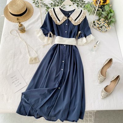 Rochie de dama lunga cu dantela pe maneci de culoare albastra