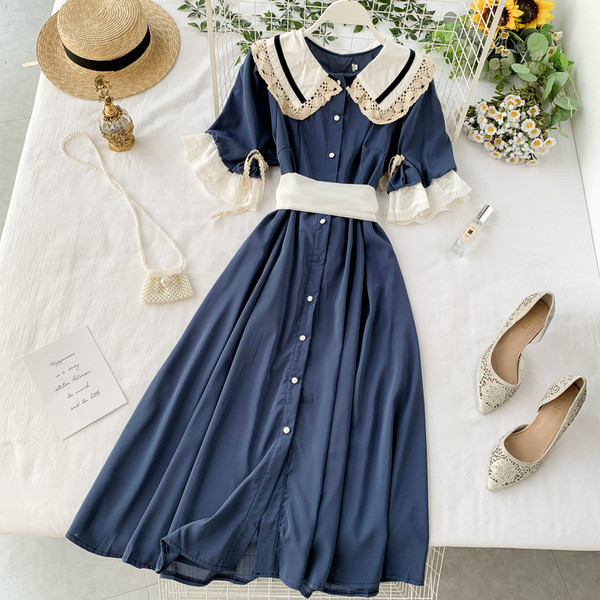 Rochie de dama lunga cu dantela pe maneci de culoare albastra