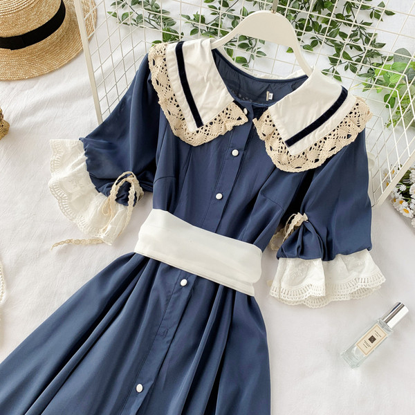 Rochie de dama lunga cu dantela pe maneci de culoare albastra