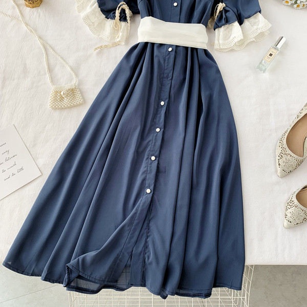 Rochie de dama lunga cu dantela pe maneci de culoare albastra