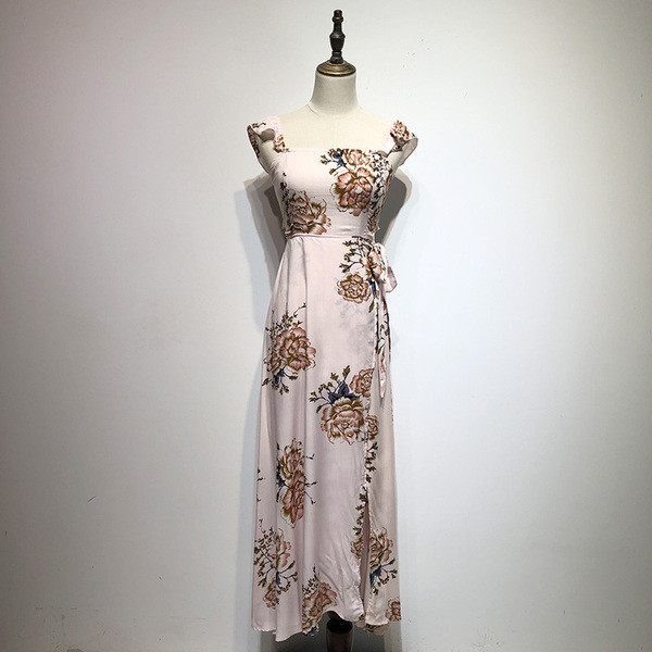 Rochie lungă cu decolteu pătrat cu model alb și floral