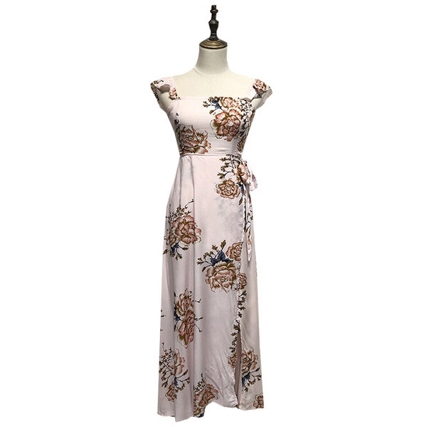 Rochie lungă cu decolteu pătrat cu model alb și floral