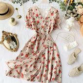 Rochie de dama cu decolteu in V si model floral in doua culori