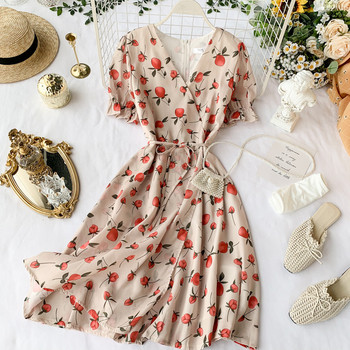 Rochie de dama cu decolteu in V si model floral in doua culori