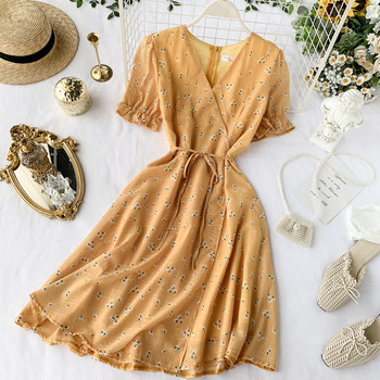 Rochie de dama cu decolteu in V si model floral in doua culori