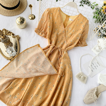 Rochie de dama cu decolteu in V si model floral in doua culori