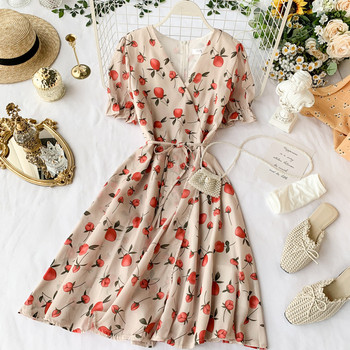 Rochie de dama cu decolteu in V si model floral in doua culori