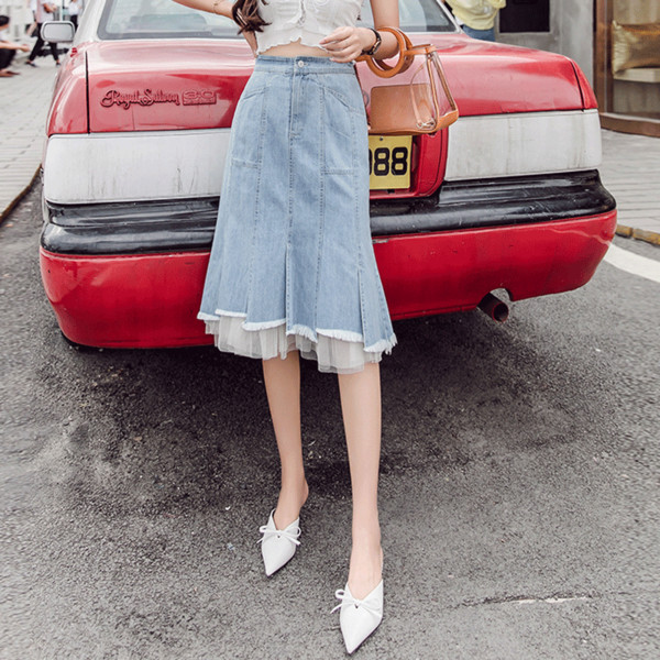 Fusta de dama lunga din denim casual cu talie inalta