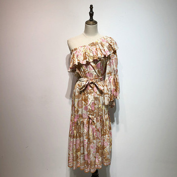 Rochie lunga de dama cu un singur umar si cravate in talie