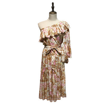 Rochie lunga de dama cu un singur umar si cravate in talie