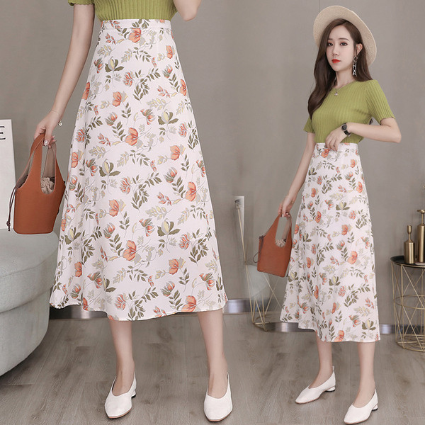 Fusta lunga de dama casual cu model floral cu talie inalta