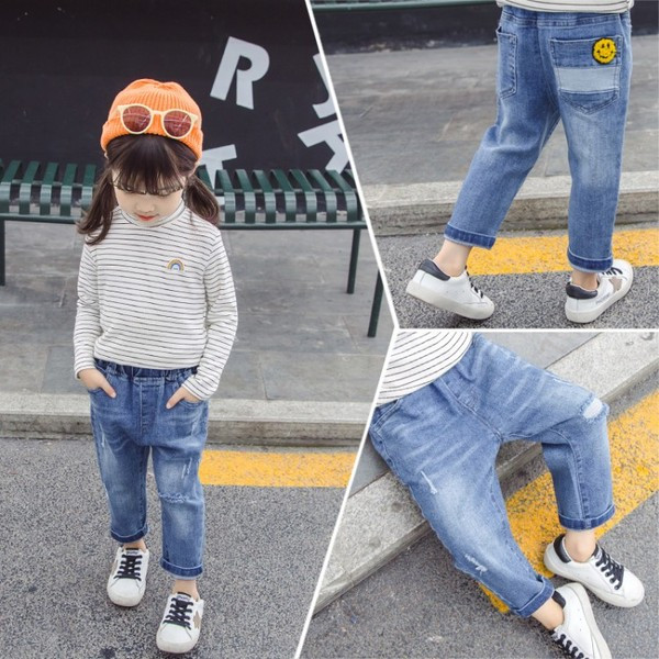 Blugi copii cu broderie si buzunare pentru fete