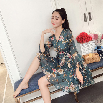 Rochie moderna de dama lunga cu motive florale in doua culori