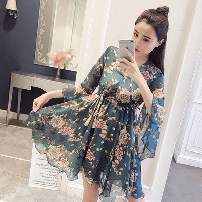 Rochie moderna de dama lunga cu motive florale in doua culori