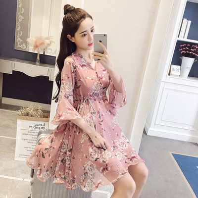 Rochie moderna de dama lunga cu motive florale in doua culori