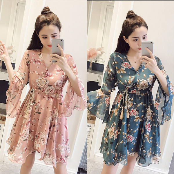 Rochie moderna de dama lunga cu motive florale in doua culori