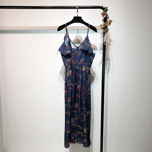 Rochie lunga casual cu bretele subtiri de culoare albastra cu model