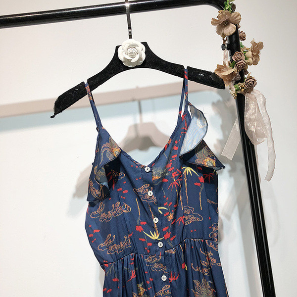 Rochie lunga casual cu bretele subtiri de culoare albastra cu model