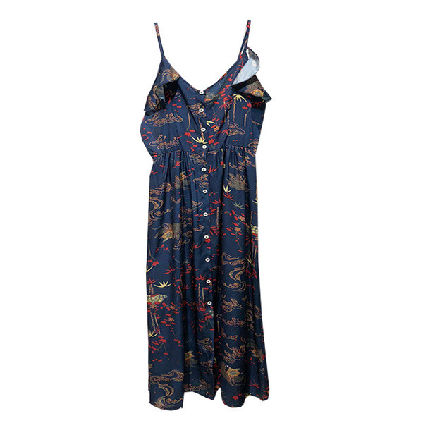 Rochie lunga casual cu bretele subtiri de culoare albastra cu model