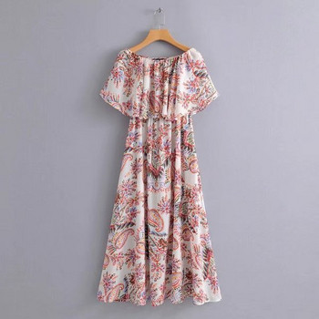 Rochie lunga cu umerii goi cu model floral