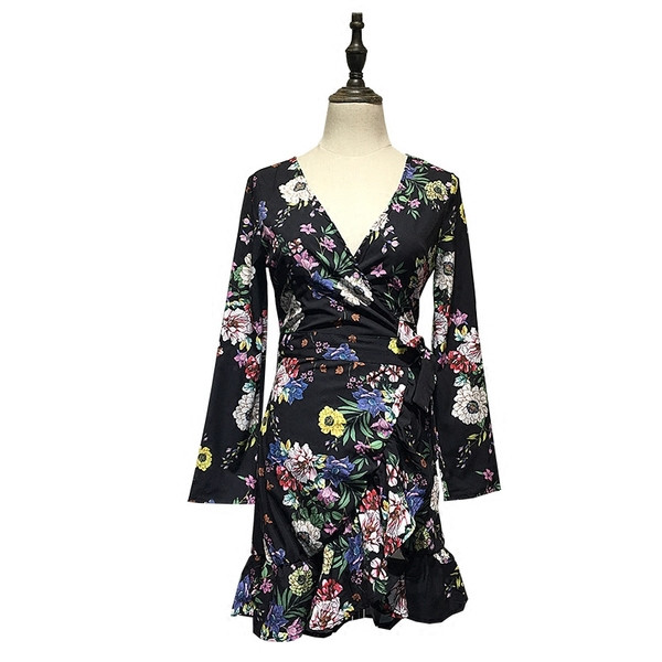 Rochie cu decolteu adânc, cu mâneci lungi cu model floral