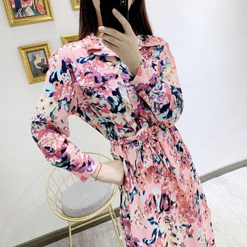 Rochie casual de dama cu maneci lungi in flori roz