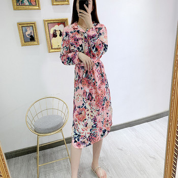 Rochie casual de dama cu maneci lungi in flori roz