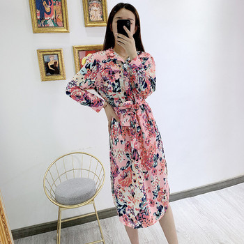 Rochie casual de dama cu maneci lungi in flori roz