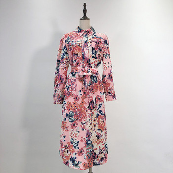 Rochie casual de dama cu maneci lungi in flori roz