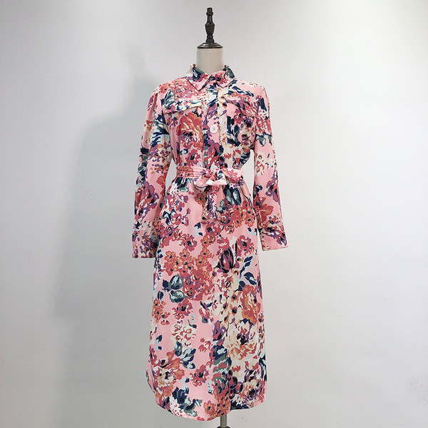 Rochie casual de dama cu maneci lungi in flori roz