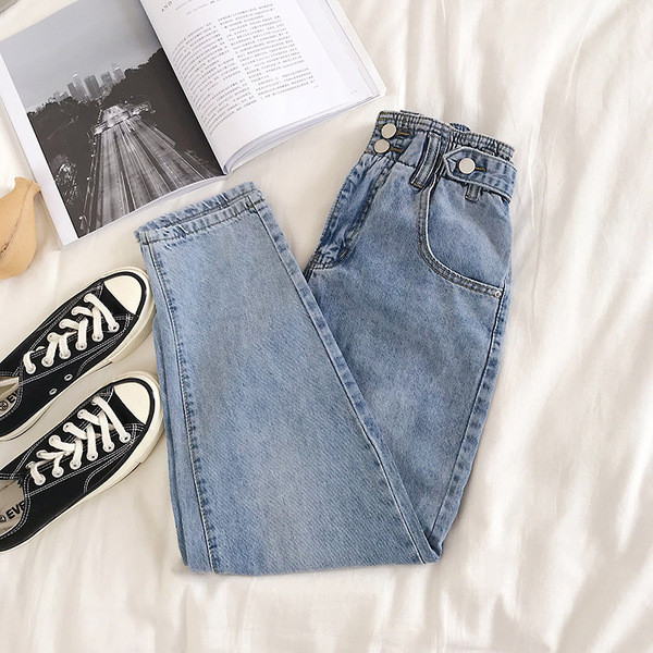 Blugi de dama cu talie inalta de culoare albastra - model larg