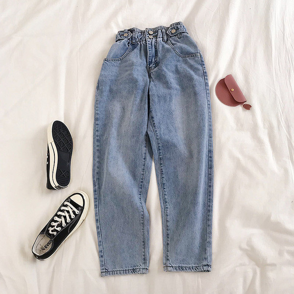 Blugi de dama cu talie inalta de culoare albastra - model larg