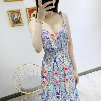 Rochie lunga de dama pentru vara cu bretele subtiri in model floral
