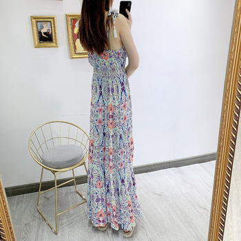 Rochie lunga de dama pentru vara cu bretele subtiri in model floral