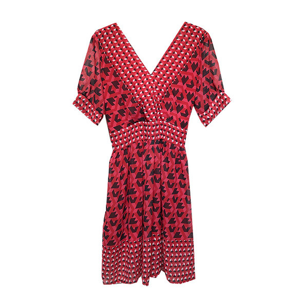 Rochie cu decolteu in V si maneci scurte in rosu cu model