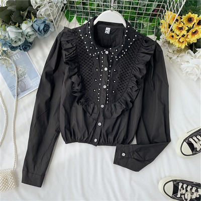 Cămașă elegantă de damă cu perle în alb-negru