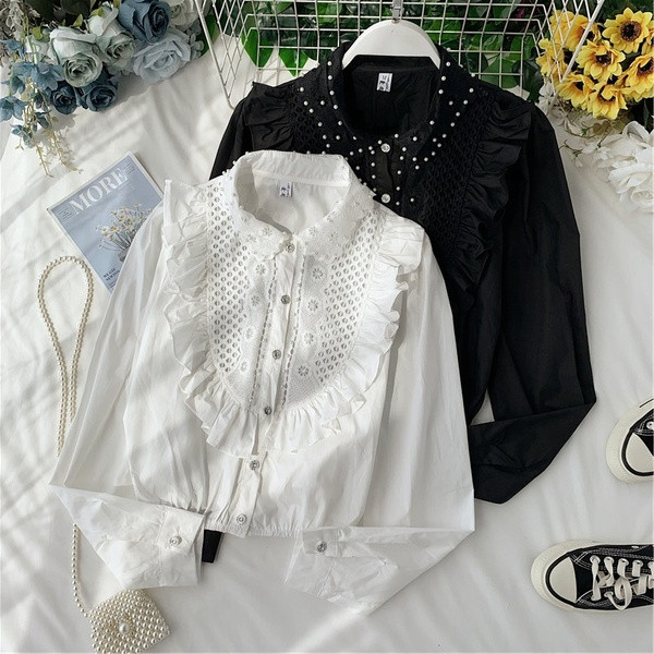 Cămașă elegantă de damă cu perle în alb-negru