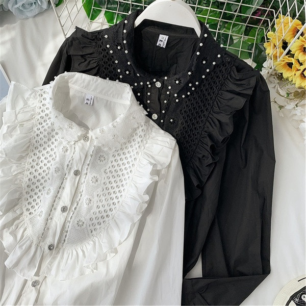 Cămașă elegantă de damă cu perle în alb-negru