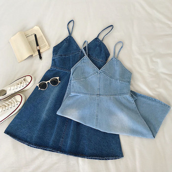 Дънкова дамска рокля разкроен модел с тънки презрамки в два цвята