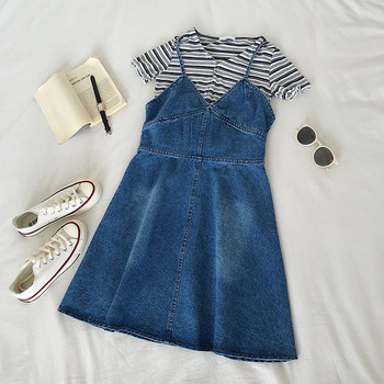 Дънкова дамска рокля разкроен модел с тънки презрамки в два цвята