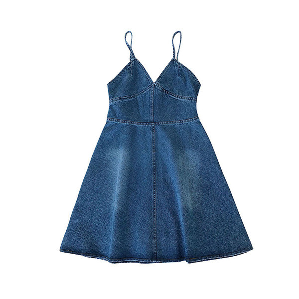 Дънкова дамска рокля разкроен модел с тънки презрамки в два цвята