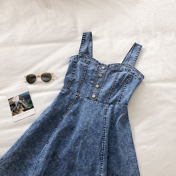 Актуална дамска дънкова рокля разкроен модел в син цвят