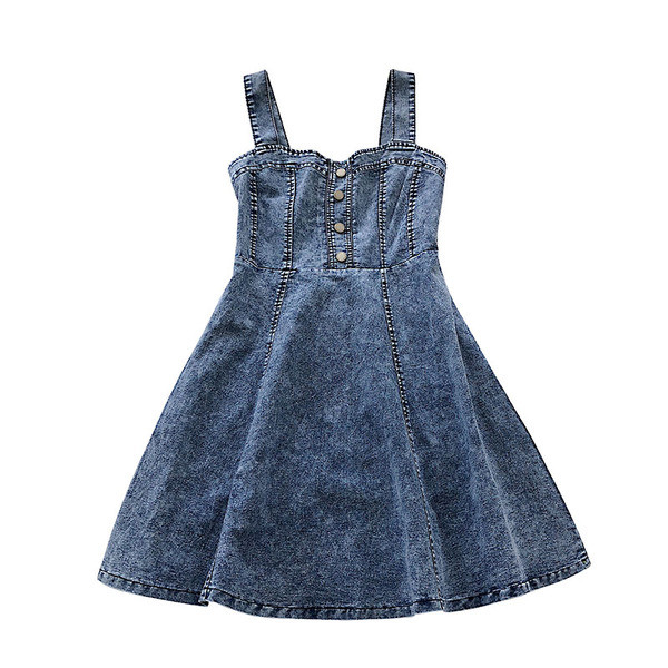 Актуална дамска дънкова рокля разкроен модел в син цвят