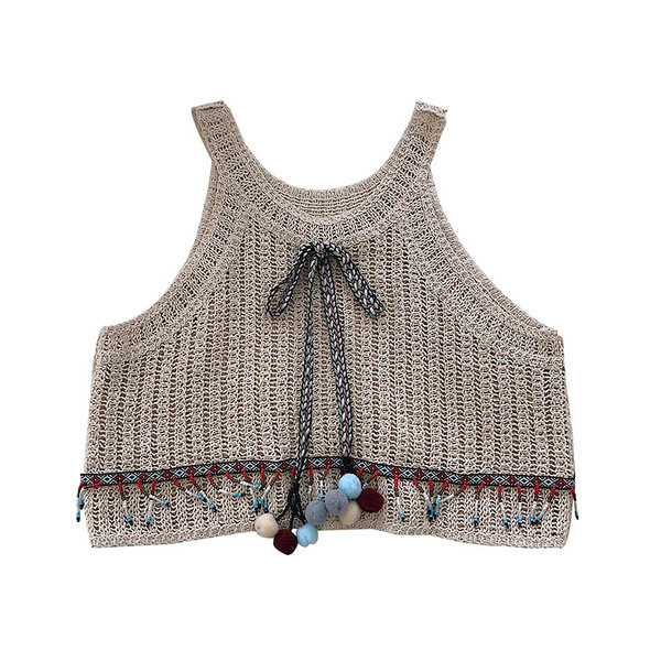 Top de damă tricotat model scurt cu legături în alb și maro
