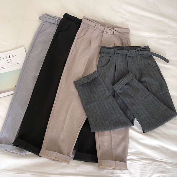 Pantaloni de dama sport-eleganti cu talie inalta si curea in mai multe culori